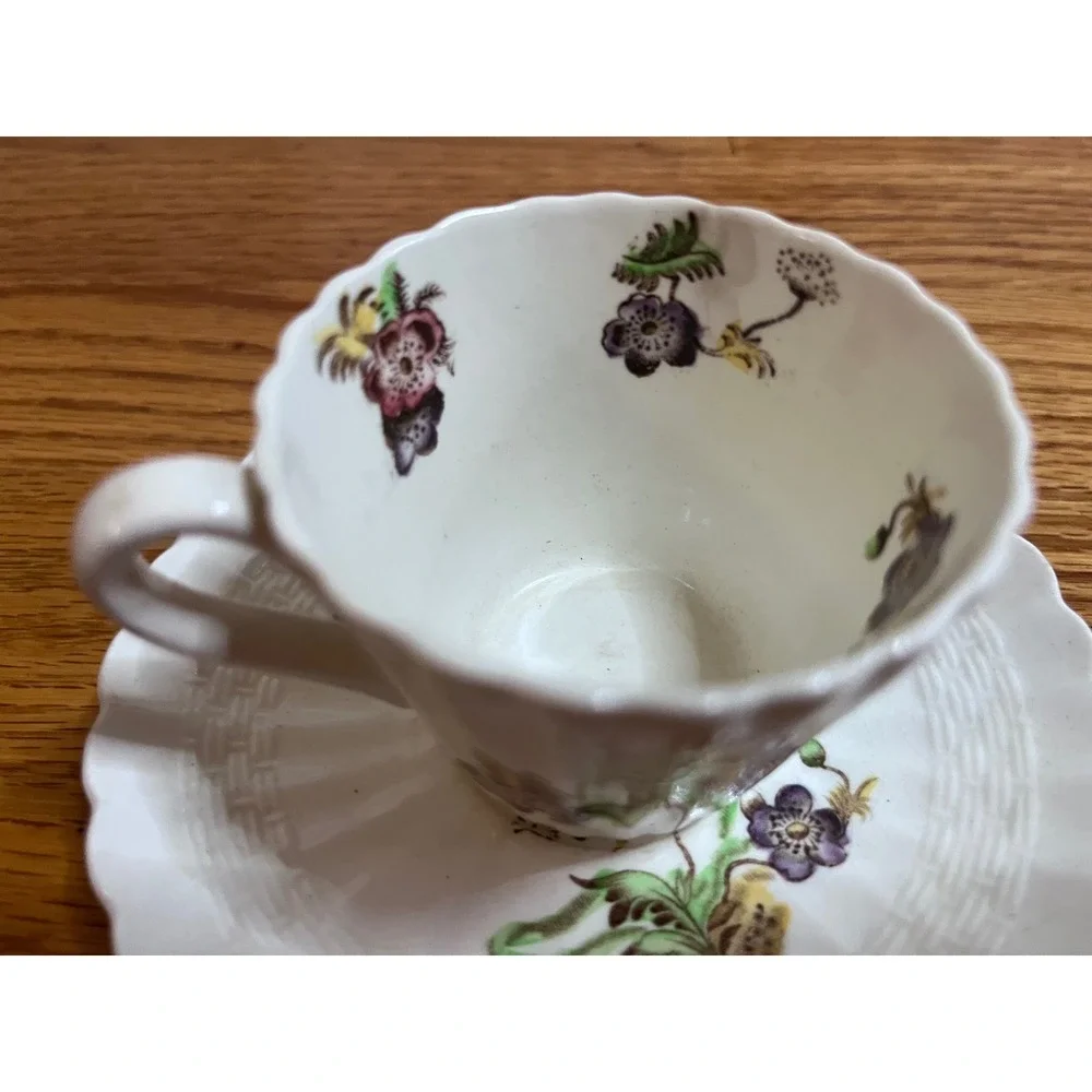 Antique Spode Copeland Wicker Lane Teacup/ Saucer Set Floral Basketweave England